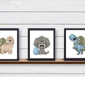 Set of 3 UNFRAMED Art Prints Dinosaurs for Nursery Boy or Girl Bedroom NURSERY